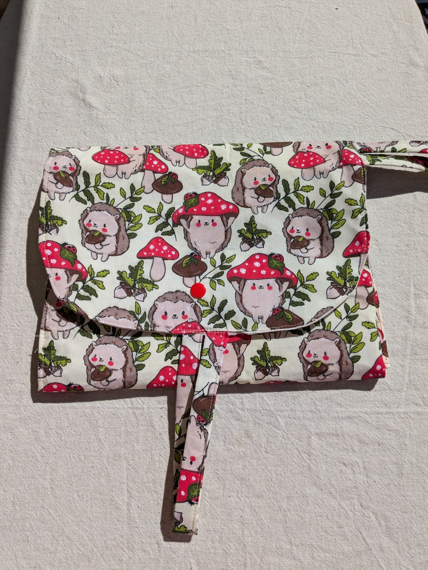 Foldable Hanging Cot Organiser- Padded - Red toadstool & Hedgehog Design