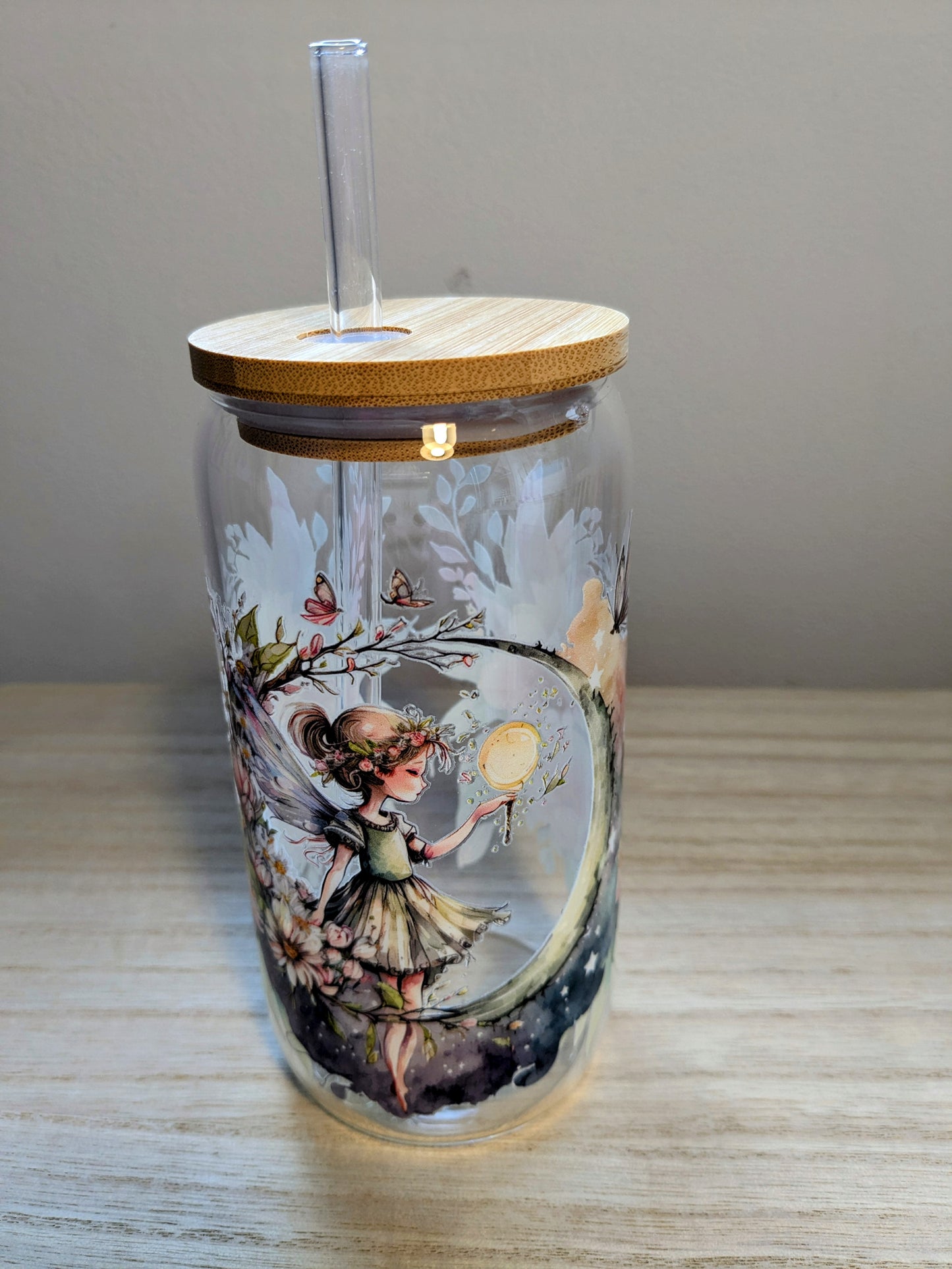 Fairy magic glass tumbler with lid and glass straw